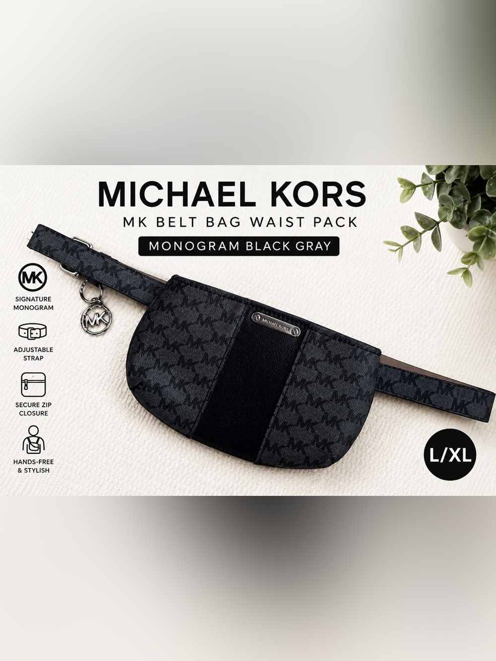 Michael Kors MK Belt Bag Waist Pack Monogram Black Gray L/XL